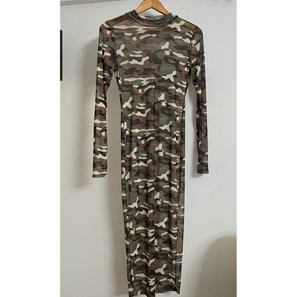 Black Bead Bodycon Women's L Mesh Camo Maxi Dress L Mock Neck Sheer Clubwear